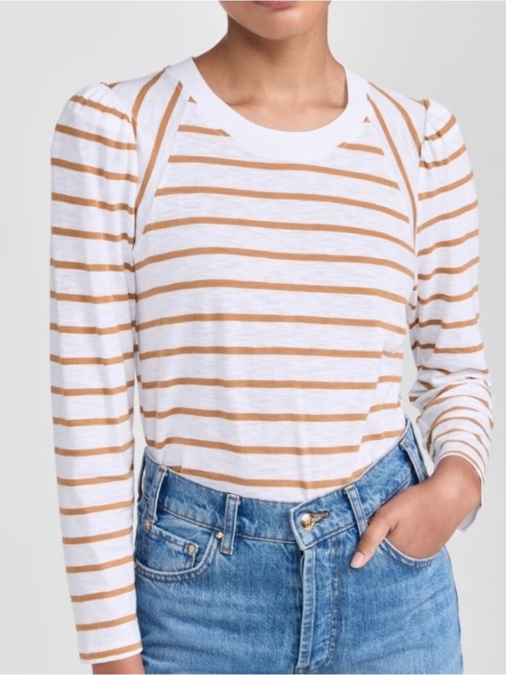 Veronica Beard Mason Puff Sleeve Baseball Tee White Caramel Stripe Size Medium